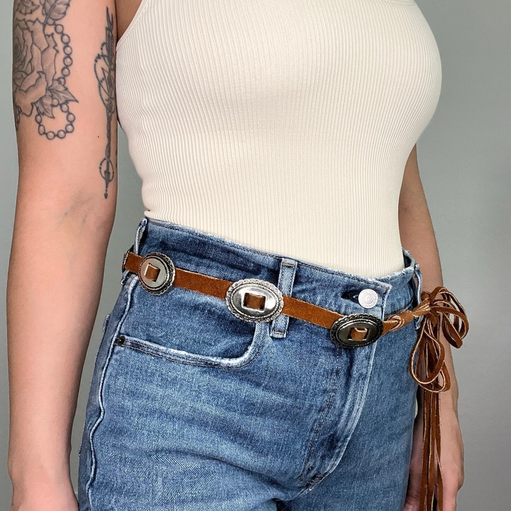 Brown Suede Concho Belt Adjustable Tie Western Boho Festival coastal cowgirl - Picture 2 of 9